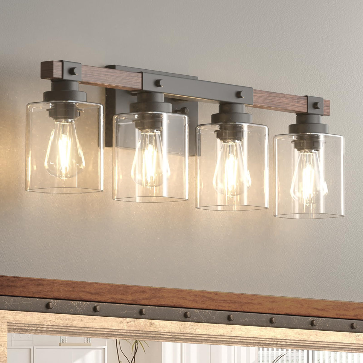 Amico 4-Light Bathroom Vanity Light Fixtures, Rustic Industrial Painted Wood Vanity Lights for Bathroom, Vintage Black Wall Sconces Bathroom Vanity Lighting with Clear Glass Shade Amico