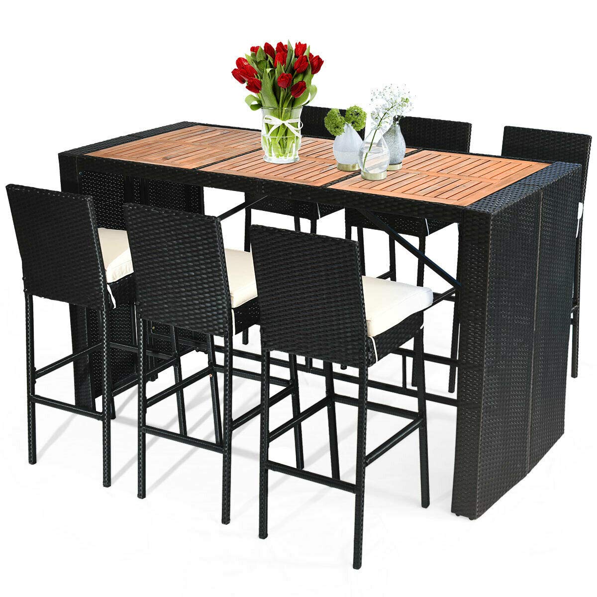Tangkula 7-Piece Black Outdoor Wicker Dining Set with Acacia Wood Table and Removable Cushions Tangkula