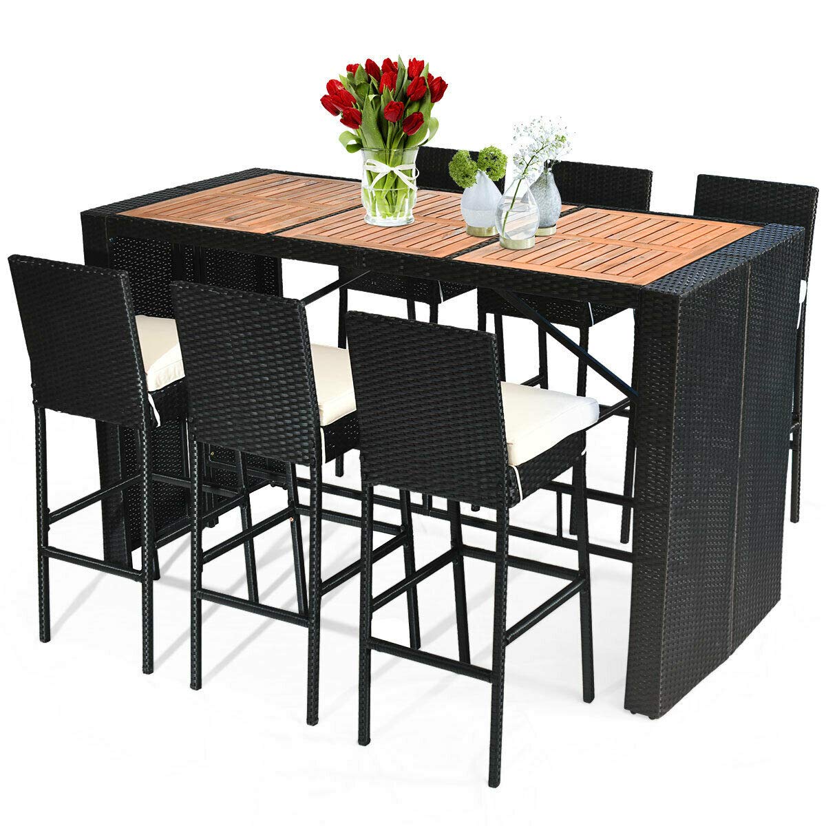 Tangkula 7-Piece Black Outdoor Wicker Dining Set with Acacia Wood Table and Removable Cushions - WoodArtSupply