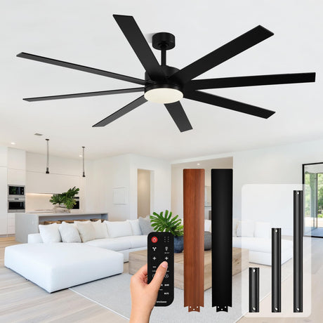 Modern 72 Inch Ceiling Fans with Lights and Remote, Dual Color 8 Blades, Bedroom Living Room Office Library Cafe Outdoor Industrial, 3CCT Dimmable, 6 Speed Reversible Quiet DC Motor, Black/Wood Grain Conciseer