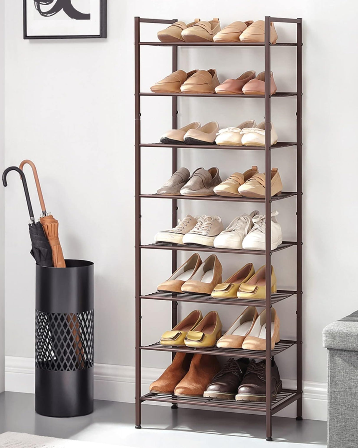 SONGMICS Narrow Shoe Rack - Sturdy 8 Tier Metal Tall Shoe Rack Shelf, Slim Shoe Storage Organizer for Closet Entryway Small Spaces, Bronze SONGMICS