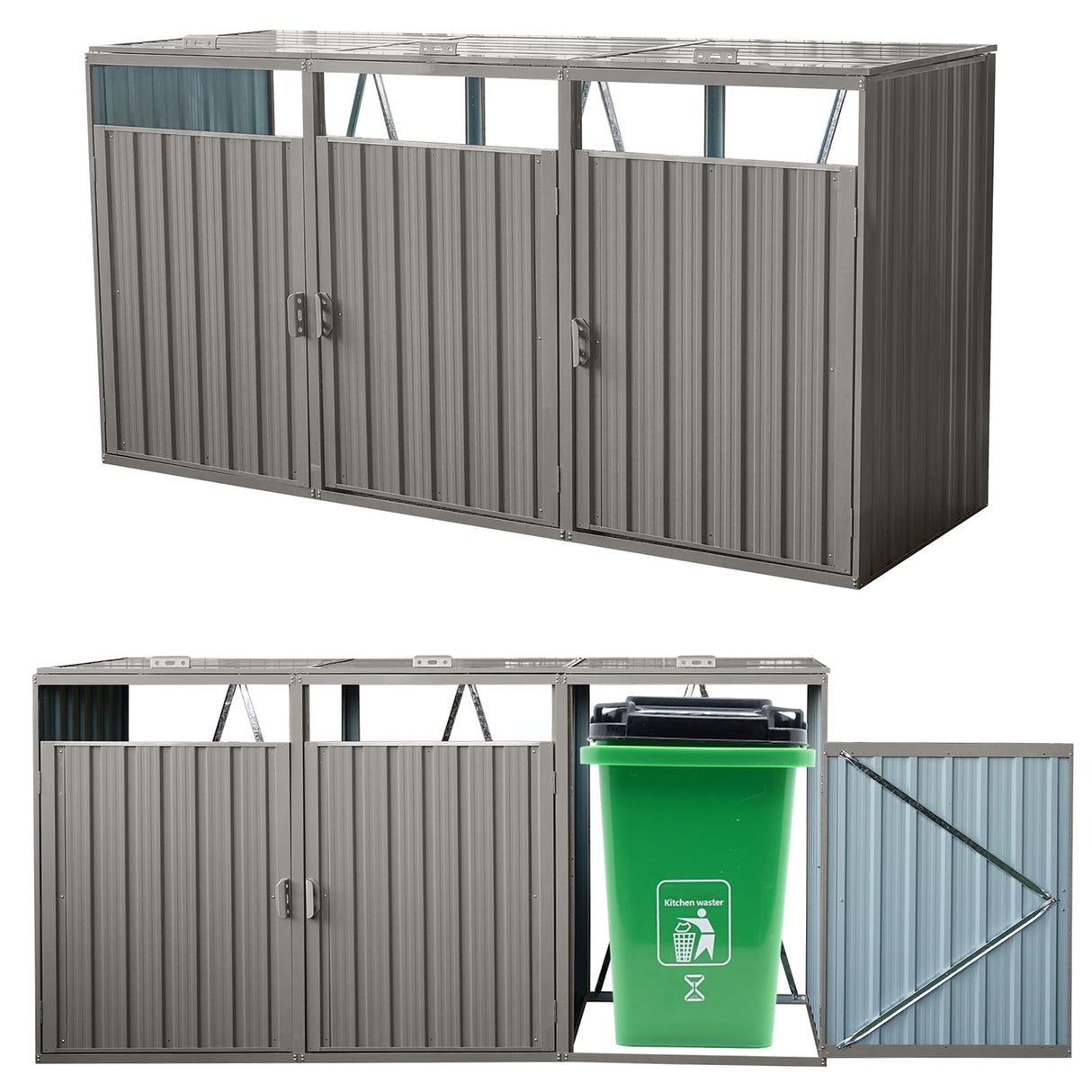 Outdoor Trash Can Storage,Metal Storage Shed,Outdoor Storage Shed for Garbage Cans, Garden Accessories, Backyard, and Patio Use, Lockable, Light Grey Zjjseloru