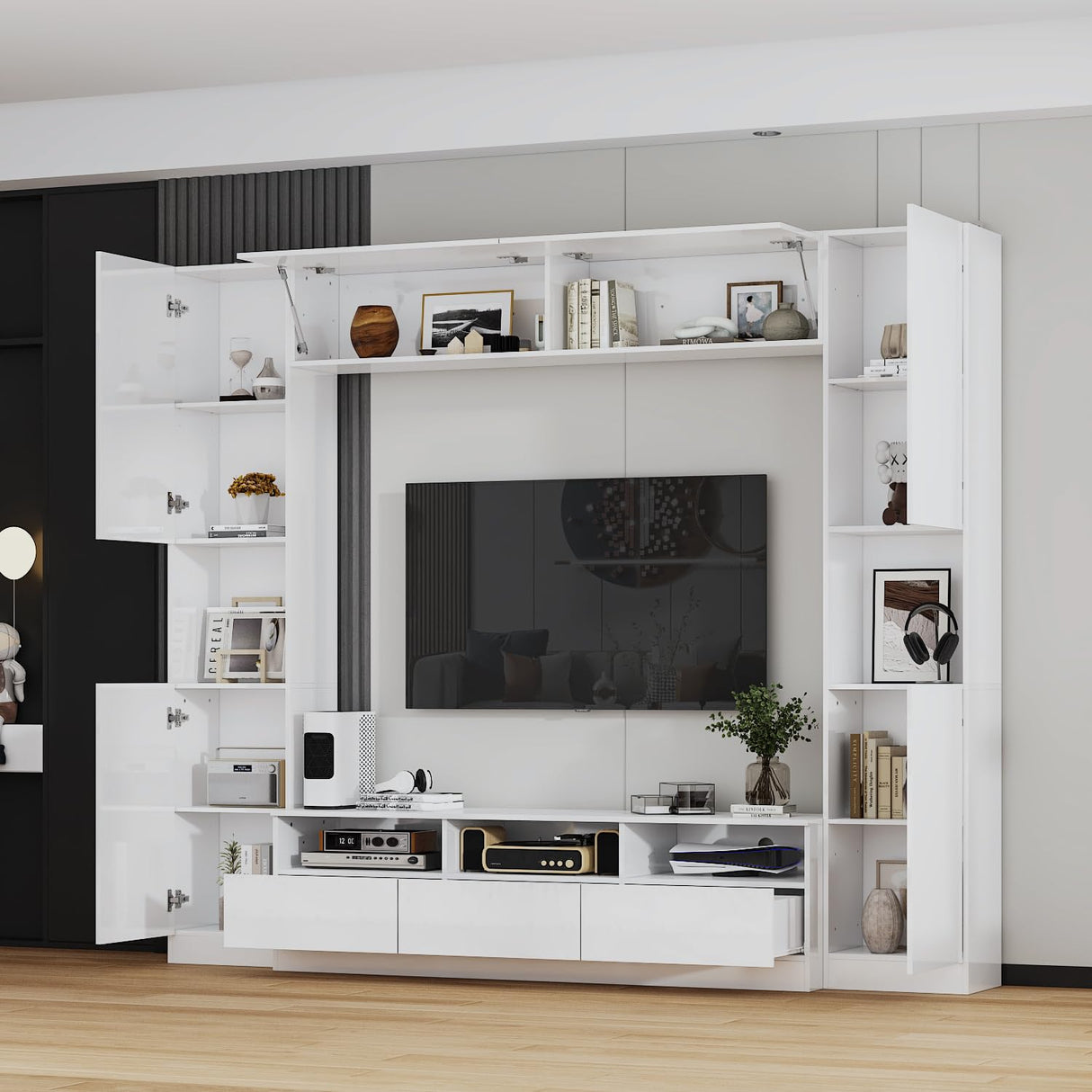 TAMUNE Large Entertainment Center with Bookshelves, High Gloss Wall Unit TV Stand, Modern Media Center with Shelves and Drawers, Doors, for Living Room White 11.8”D x 94.5”W x 78.7”H TAMUNE