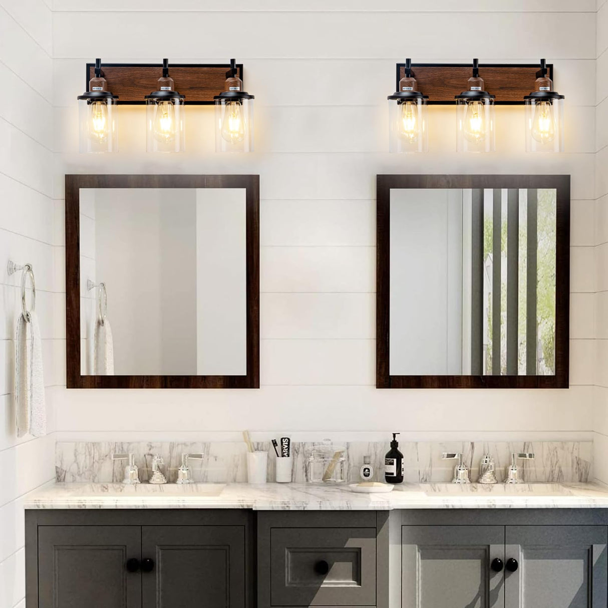 Lanhall 3-Light Farmhouse Bathroom Light Fixtures Vintage Bathroom Vanity Lights Over Mirror Black and Wood Painted Metal Vanity Light for Bathroom with Glass Shades E26 Socket Lanhall