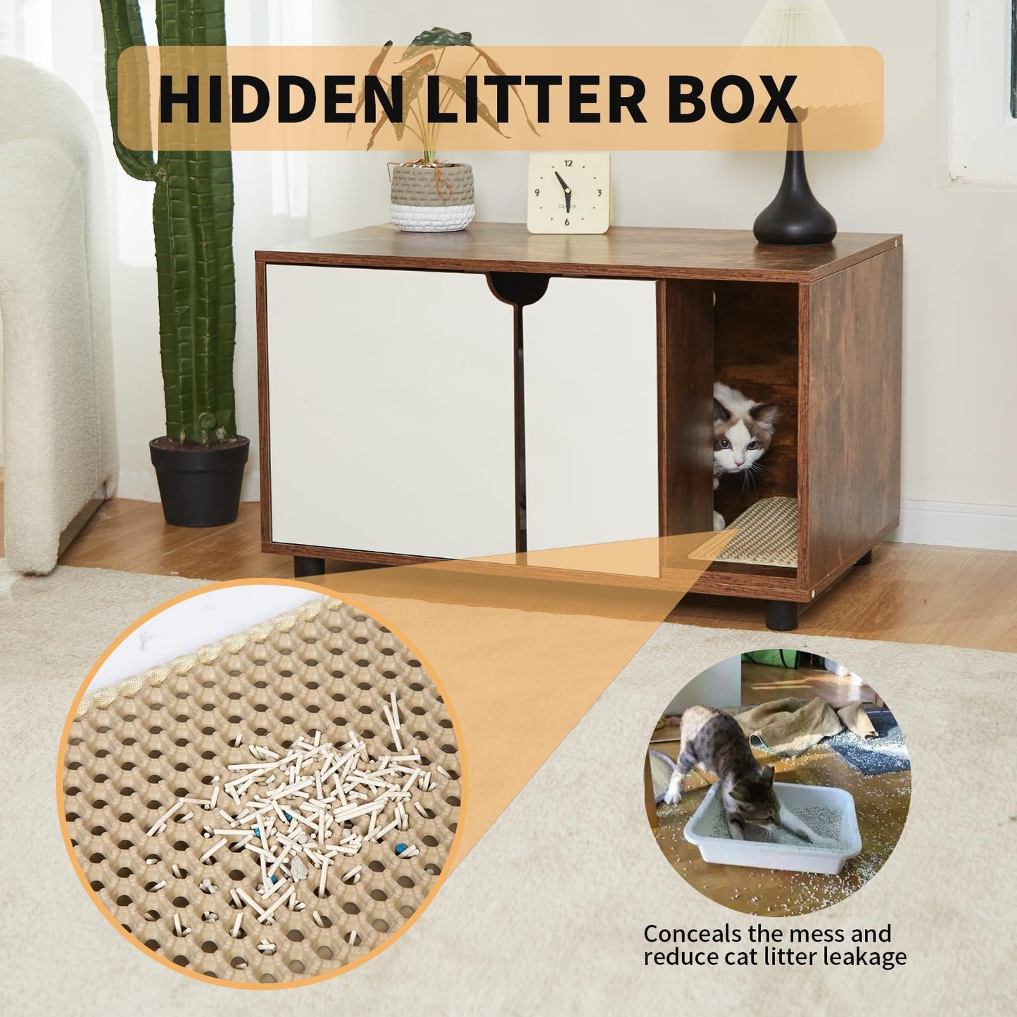 Cat Litter Box Enclosure,Hidden Litter Box Furniture with Double-Layer Litter Mat，Modern Cat Litter Box Furniture,Enclosed Cat Litter Boxes,Cat Furniture Cabinet,Rustic Brown