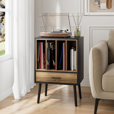 Record Player Stand with Vinyl Record Storage, Turntable Stand with Storage Cabinet Holds up to 180 Albums, Mid-Century Vinyl Holder Storage Shelf for Living Room Bedroom Office Morwdxef