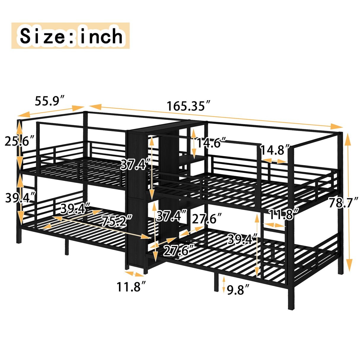 TCMILA Full Over Full Quadruple Bunk Bed for 4 Boys, Girls, Adults, Heavy-Duty Metal Bed Frame with Storage Shelves and Wardrobe, Space Saving, No Box Spring Needed, Black TCMILA