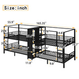 TCMILA Full Over Full Quadruple Bunk Bed for 4 Boys, Girls, Adults, Heavy-Duty Metal Bed Frame with Storage Shelves and Wardrobe, Space Saving, No Box Spring Needed, Black TCMILA