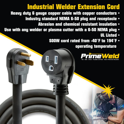 PrimeWeld Welder Extension Cord, SOOW Rated, 50 amp, 250v NEMA 6-50 Heavy Duty Welding Cable, 6 Gauge, (25ft) - WoodArtSupply