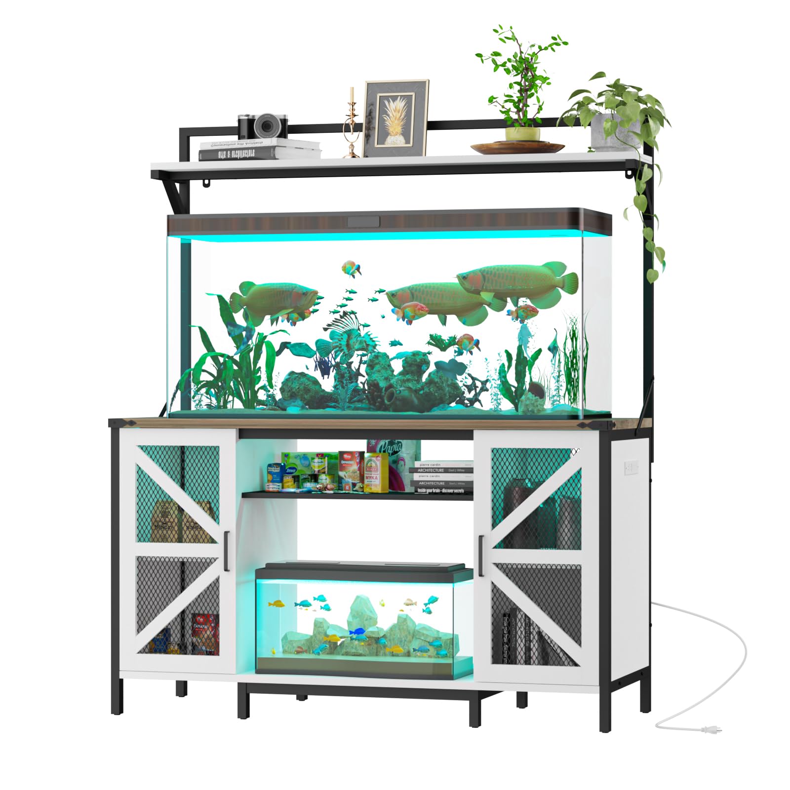 Halitaa 55-75 Gallon Fish Tank Stand,Farmhouse Heavy Duty Metal Aquarium Stand with Power Outlet & LED Light,Reptile Tank Stand with Cabinet and Shelf for Accessories Storage Turtle Terrarium - WoodArtSupply