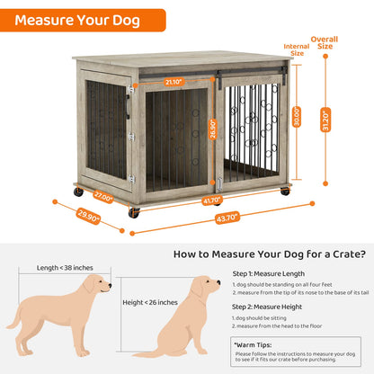 IchbinGo Large Dog Crate Furniture with Sliding Barn Door, 43.7" Wooden Dog Kennel End Table with Wheels and Flip-top Plate Dog House with Detachable Divider for Small/Medium/Large Dog (Rusti - WoodArtSupply