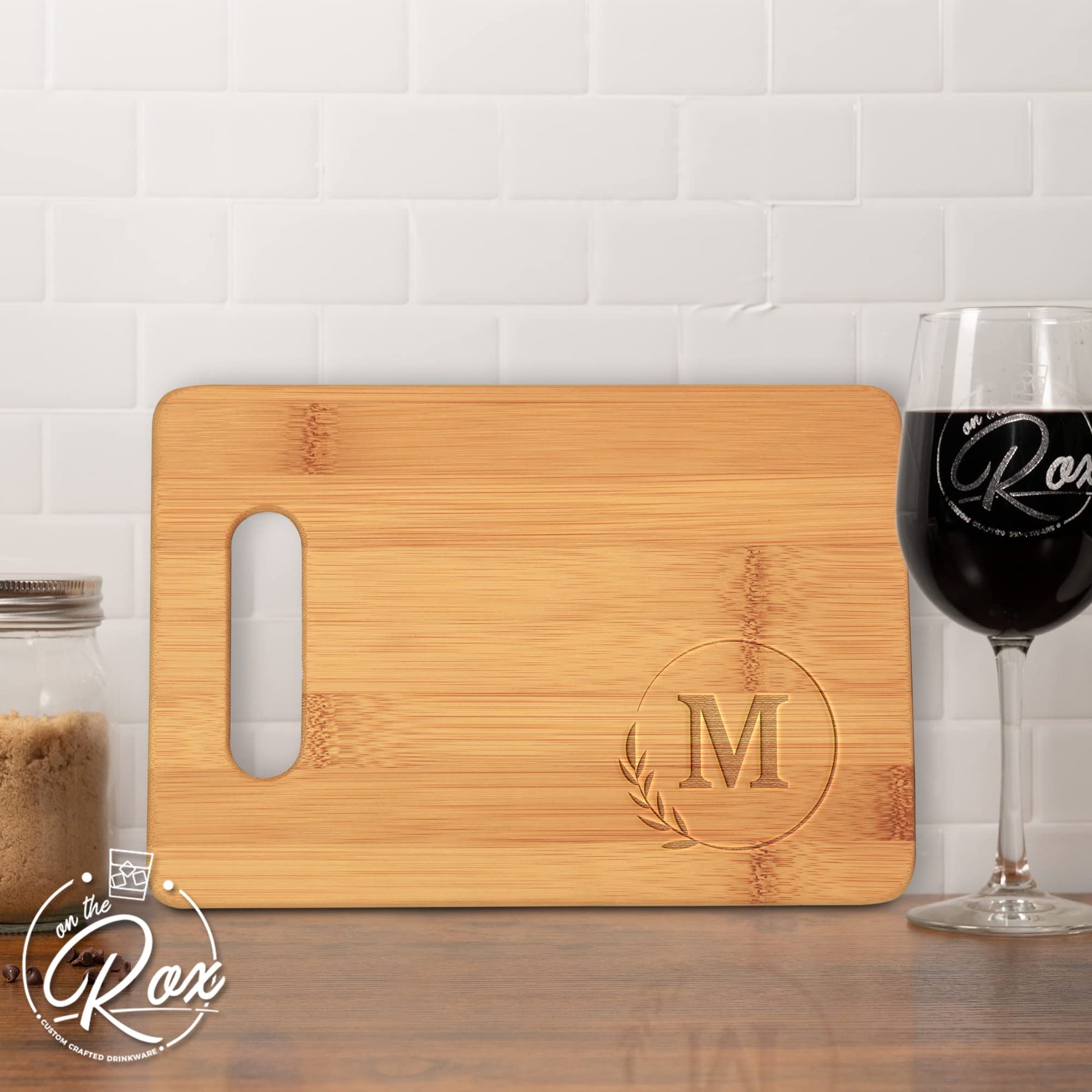 On The Rox Monogrammed Cutting Boards - 9” x 12” A to Z Personalized Engraved Bamboo Board (M) - Large Customized Wood Cutting Board with Initials - Wooden Custom Charcuterie Board Kitchen Gi - WoodArtSupply