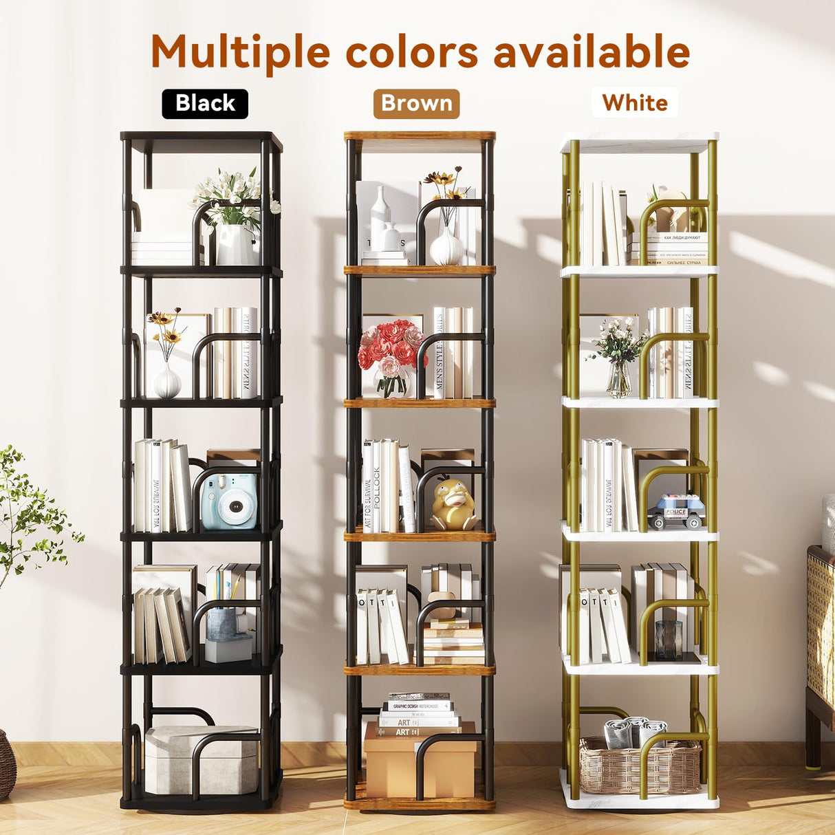 IBUYEK 6 Tier Square Rotating Bookshelf, 360° Spinning Bookcases Tower,Freestanding Corner Bookshelf with Rails,Industrial Swivel Bookcase Organizer for Bedroom, Living Room,Study,Brown,UTBC005H IBUYKE