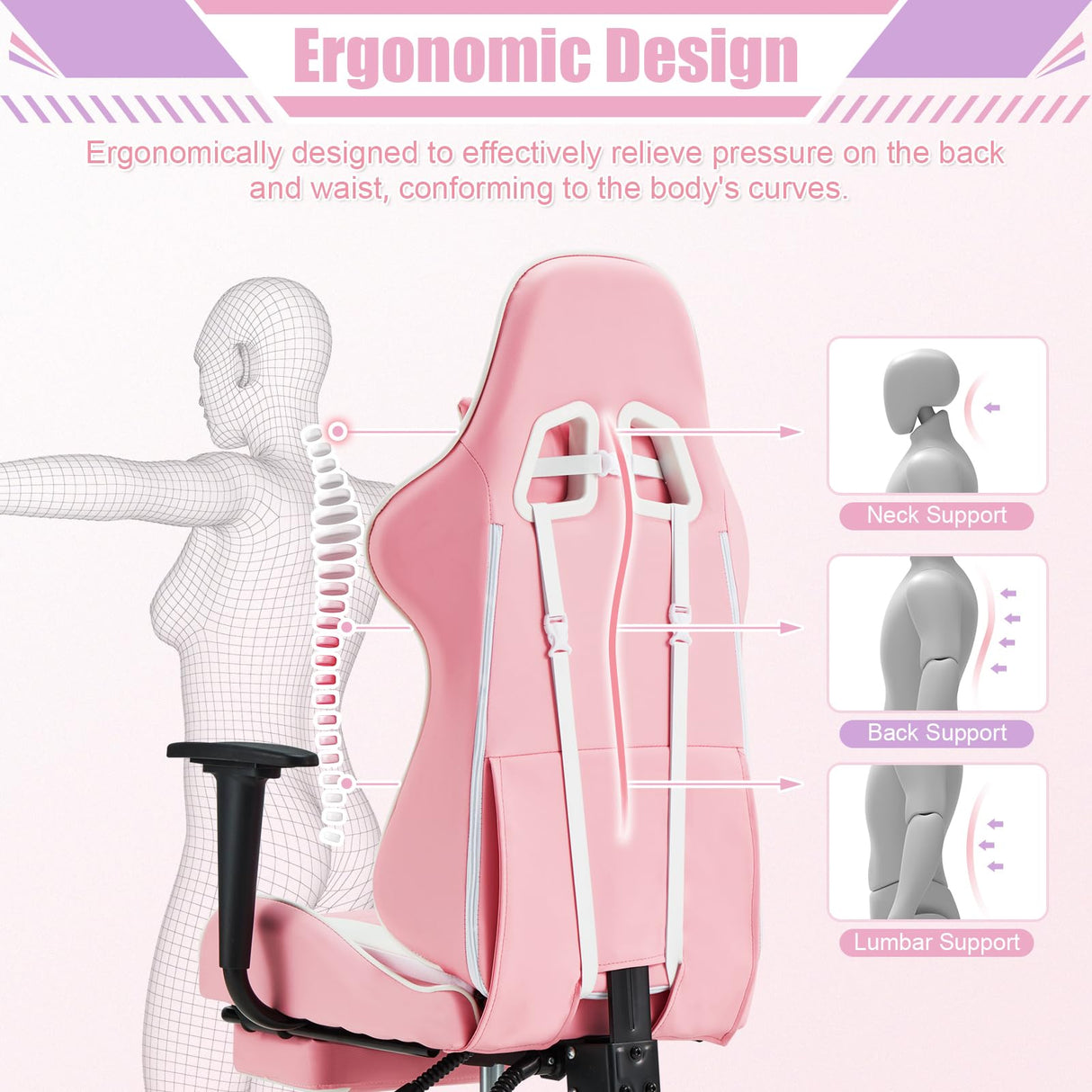 ECOTOUGE PC Gaming Chair Massage Ergonomic Office Desk Chair Racing PU Leather Recliner Swivel Rocker with Headrest and Lumbar Pillow, Pink-White ECOTOUGE