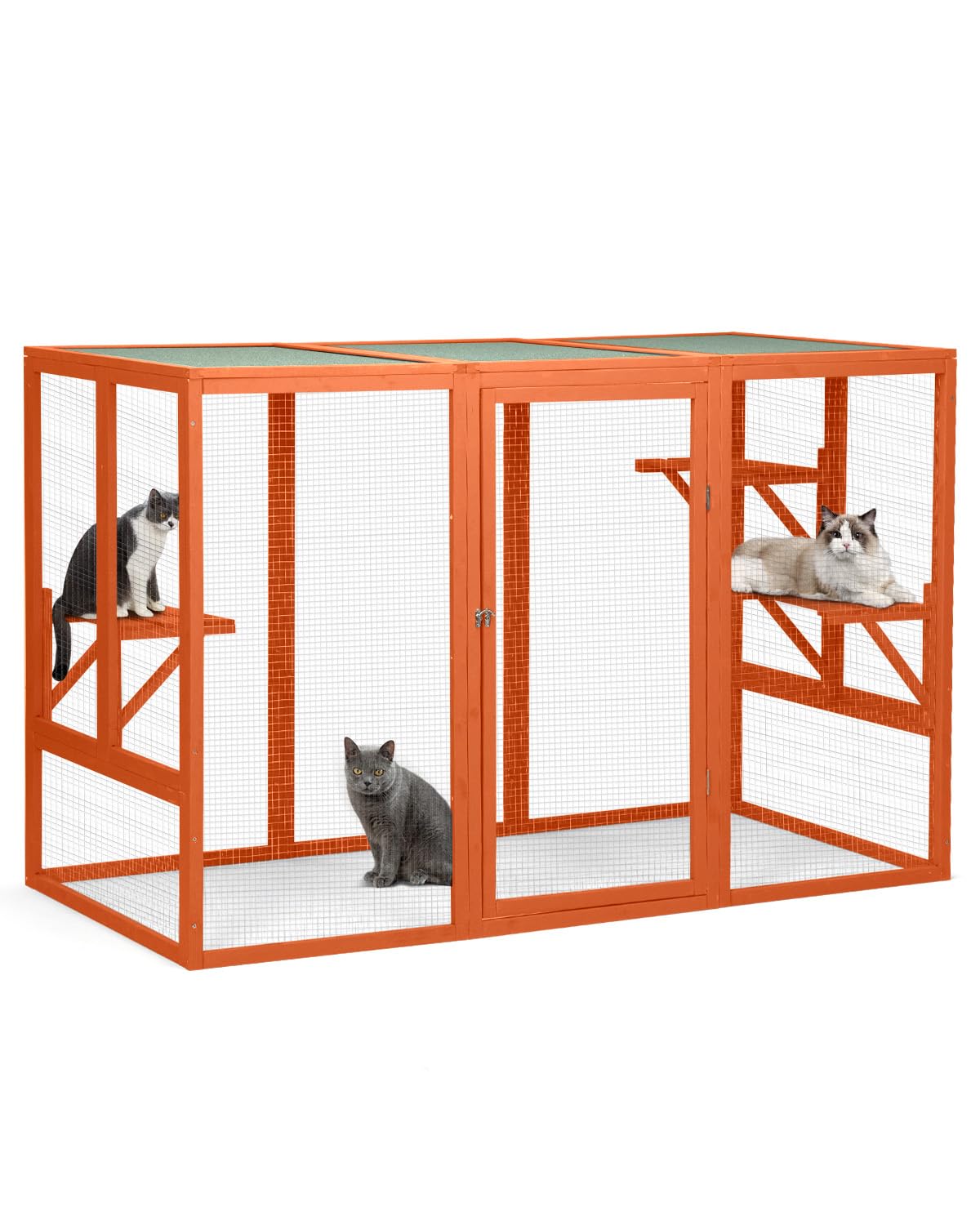 Catio Outdoor Cat Enclosure,71" L Outside Cat House Weatherproof, Wooden Catios for Cats Patio, Cat Houses with 3 Platforms (Orange-Red, Large) Nyeekoy