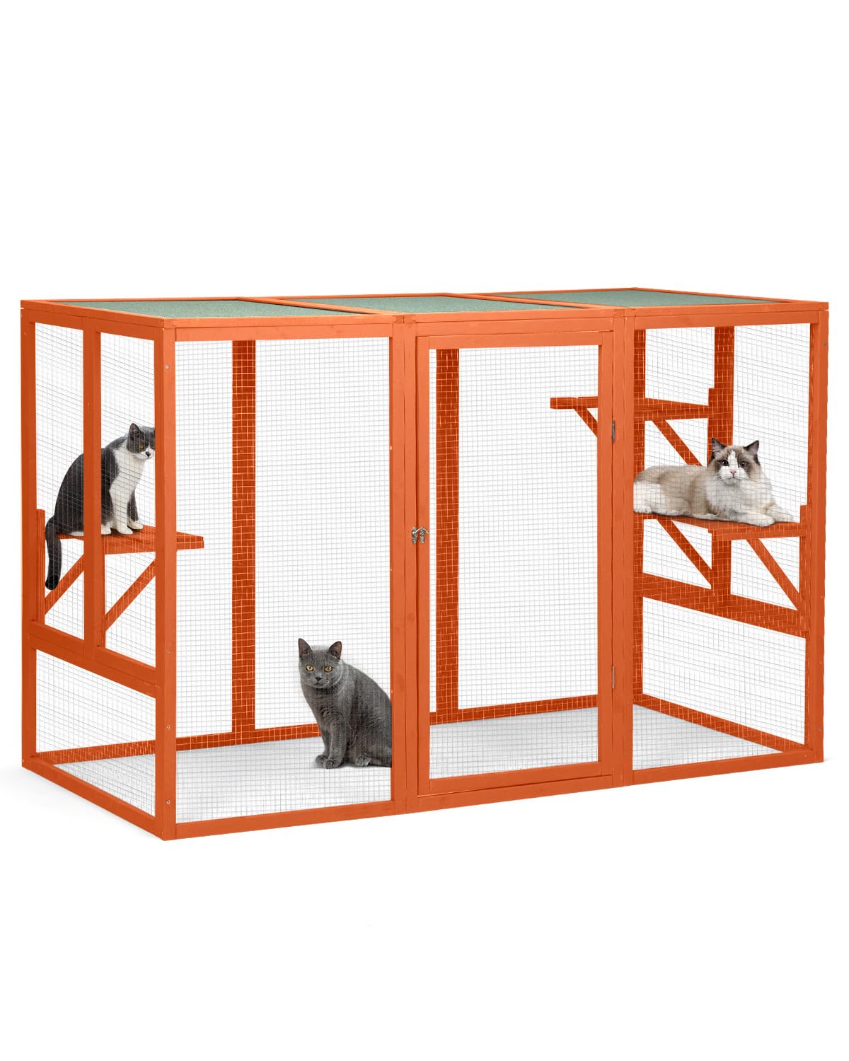 Catio Outdoor Cat Enclosure,71" L Outside Cat House Weatherproof, Wooden Catios for Cats Patio, Cat Houses with 3 Platforms (Orange-Red, Large)