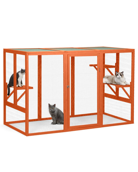 Catio Outdoor Cat Enclosure,71" L Outside Cat House Weatherproof, Wooden Catios for Cats Patio, Cat Houses with 3 Platforms (Orange-Red, Large) Nyeekoy