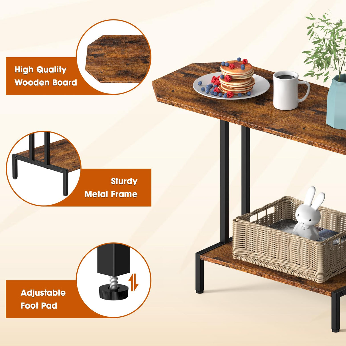 NOVIMANGO Rustic Coffee Table 2-Tier Wood Tea Table Coffee Tables for Living Room Industrial Rectangle Coffee Table for Large or Small Spaces Center Table with Storage Shelf, Brown NOVIMANGO