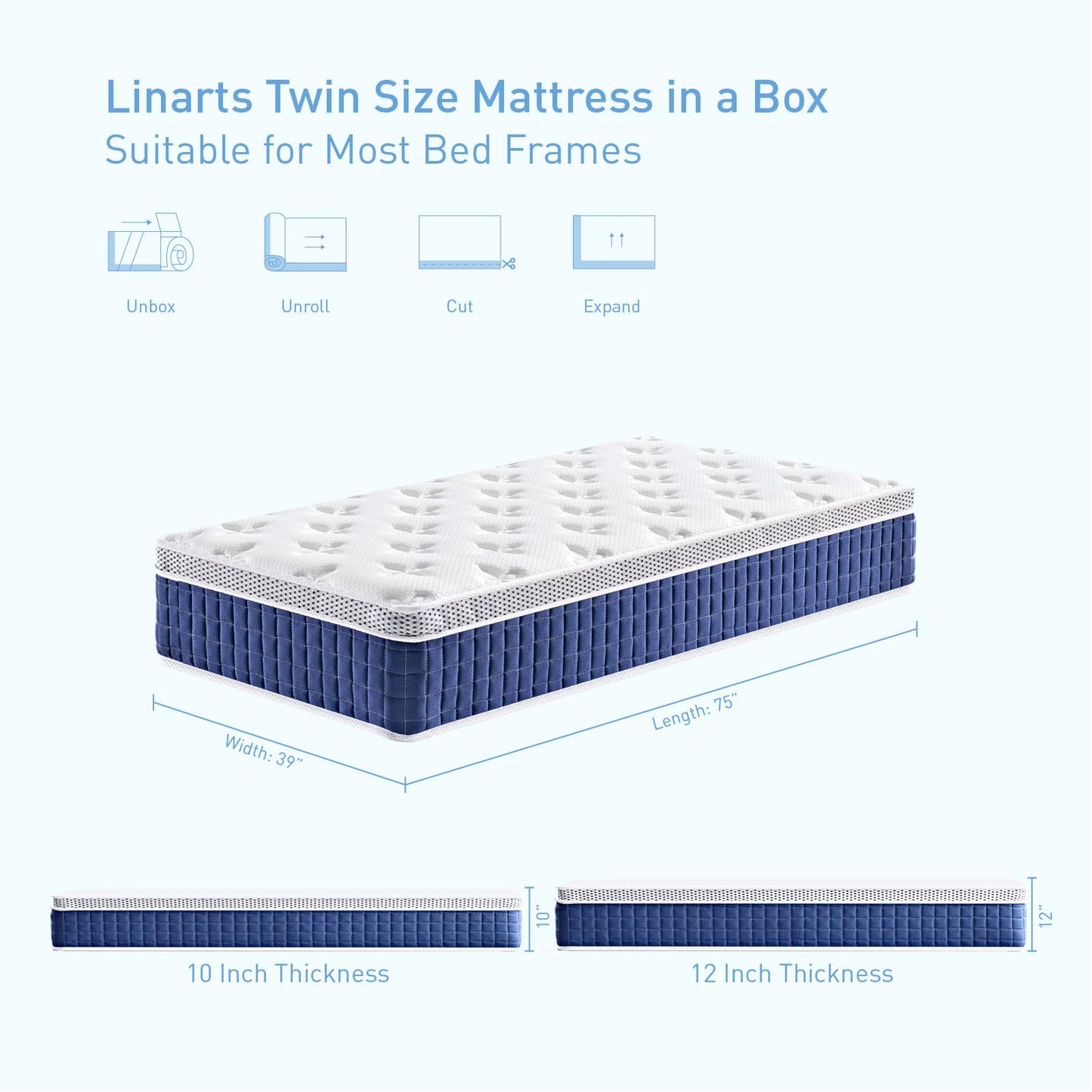 LINARTS Twin Mattress, 12 Inch Twin Size Hybrid Mattress in a Box with Pocket Spring & Soft Knitted Fabric for Comfort, Motion Isolation, Pressure Relief, Edge Support, Improve Sleep, Medium Firm