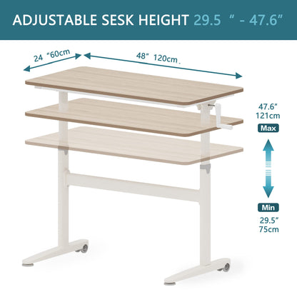 Win Up Time Manual Standing Desk Adjustable Height- Crank Mobile Standing Desk 48 x 24 Inches Sit Stand Desk Frame & Top, Stand Up Desk on Wheels, Computer Desk White Frame & Maple - WoodArtSupply