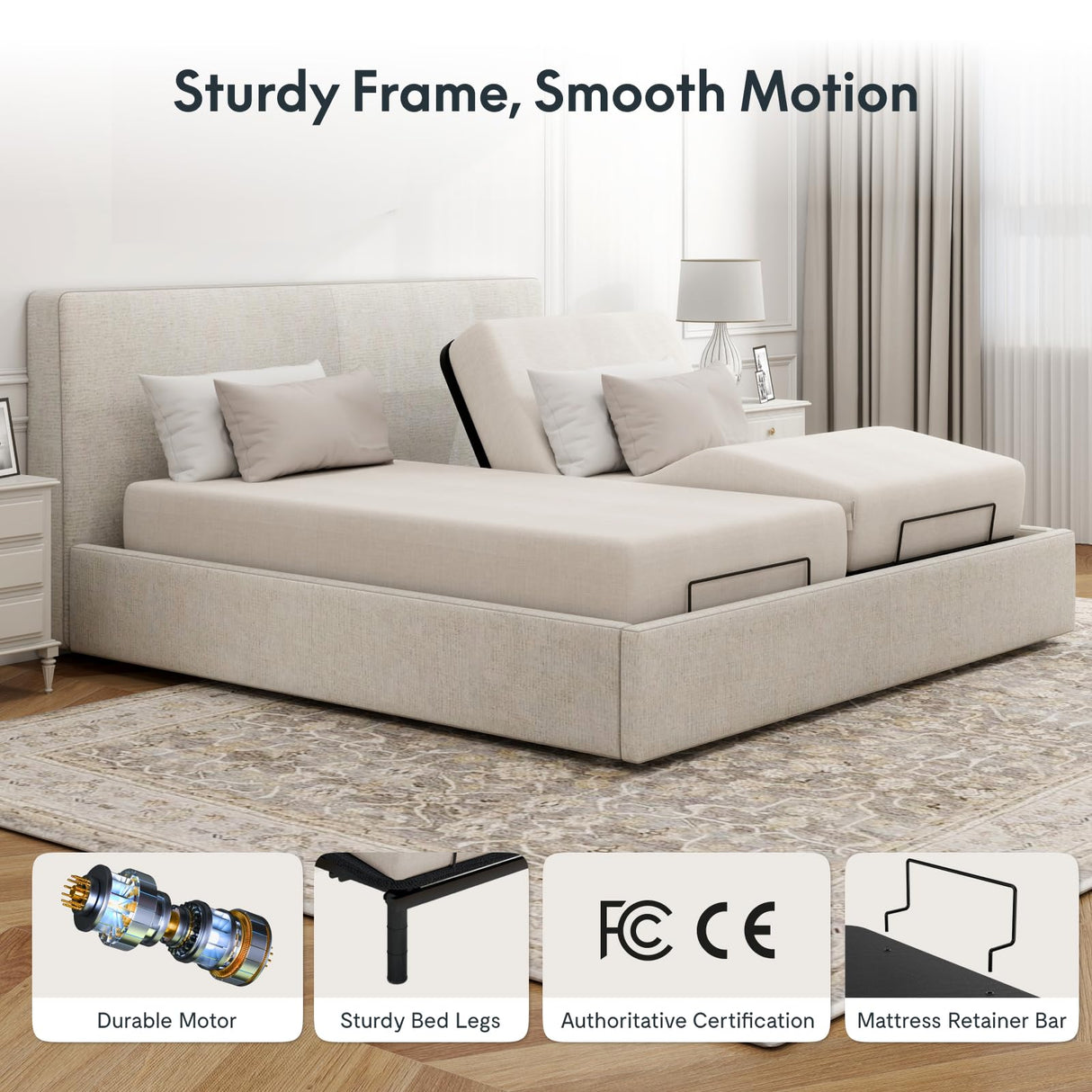 FLEXISPOT Adjustable Bed Frame Base Split King,Segmented Design,Easy Assemble,Oxford Fabric Bedspread,Wired Remote,Whisper Quiet Durable Motor,Mattress Holder. FLEXISPOT