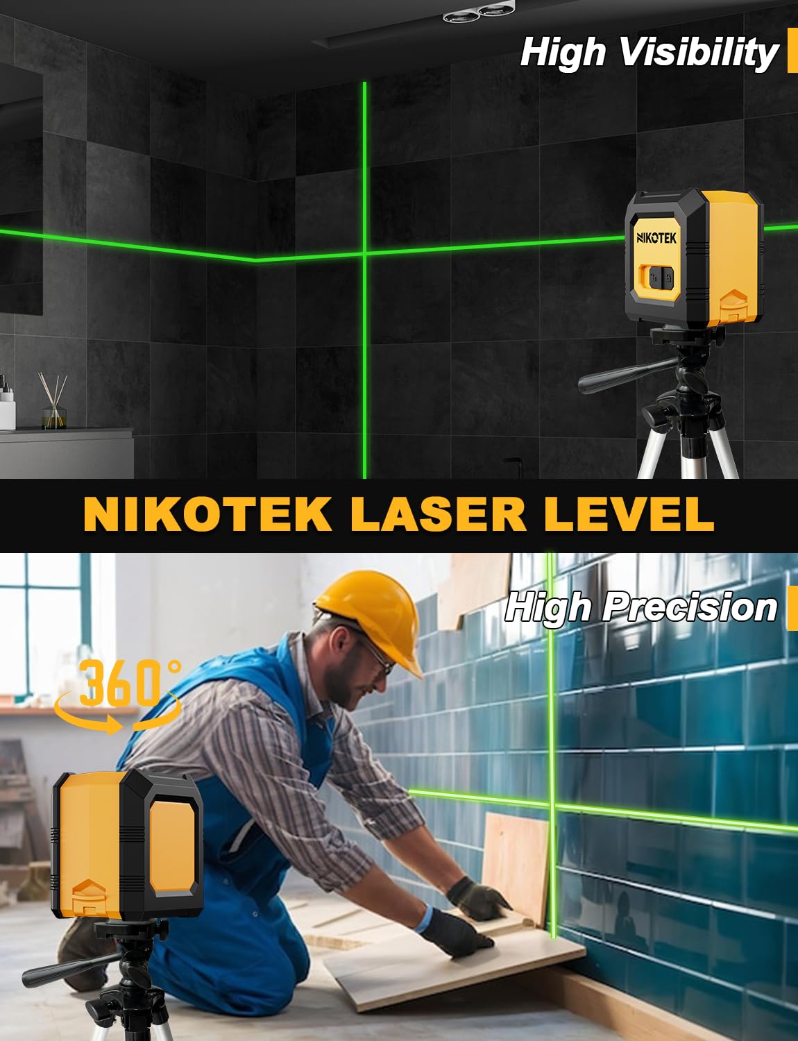 Nikotek Laser Level with Tripod, Self-Leveling Green Beam Horizontal and Vertical Cross-Line Laser for Home Decoration Carrying Pouch, Battery Included Nikotek