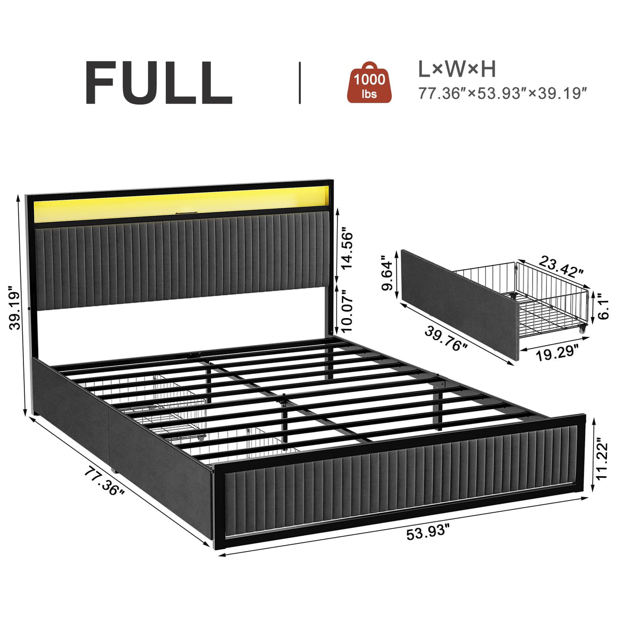 ROLETALENT Full Size Bed Frame with Headboard and Storage,Upholstered Bed Frame Full with Charging Station & LED,Velvet Platform Bed Frame with 2 Drawers,Metal Support,No Box Spring Needed，Dark Grey ROLETALENT