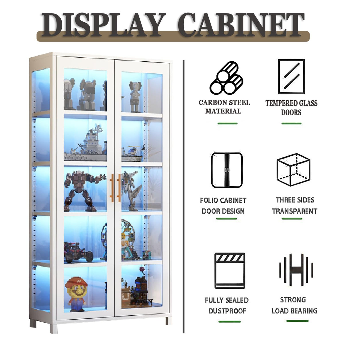 qeknxks Display Cabinet with Glass Doors, 5-Tier Metal Curio Cabinet, Glass Display Cases for Figurine, Toy Organizers Rack & Display Shelf, Kids Bookcase for Home Office, Playroom, Living Room qeknxks