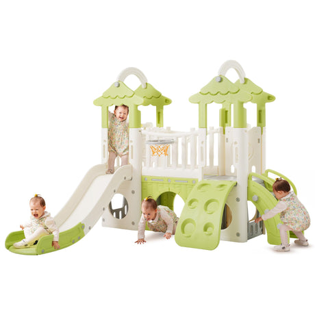 Merax 8-in-1 Jungle Slide for Toddlers, Indoor Outdoor Kids Slide with Basketball Hoop, Telescope and Climbing Wall, Indoor Slide Playset for Toddlers 1+ Merax