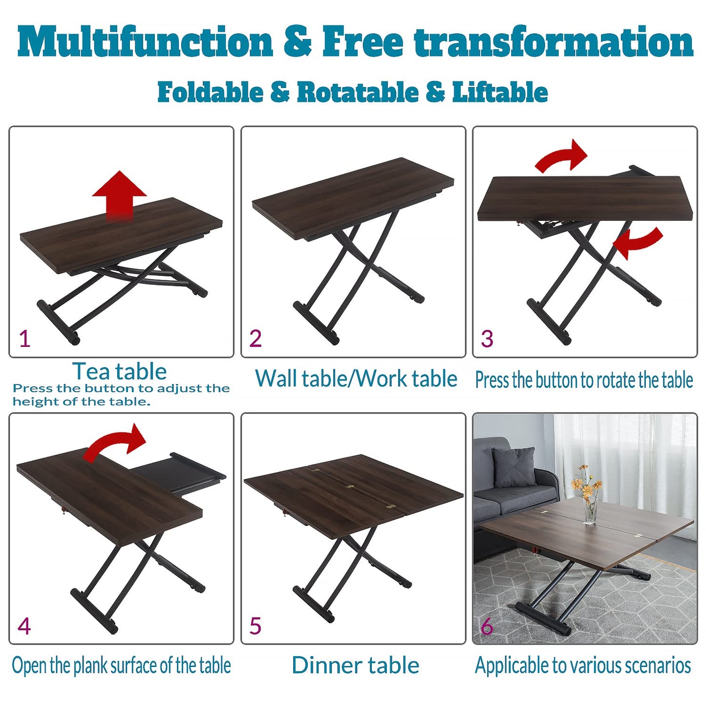 MYSELFLY Living Room Dinning Tables Folding Metal Lift Bracket Multifunction Transform Dinner Kitchen Coffee Tea End Table in Home Wood Desktop Design 40x35 Walnut - WoodArtSupply