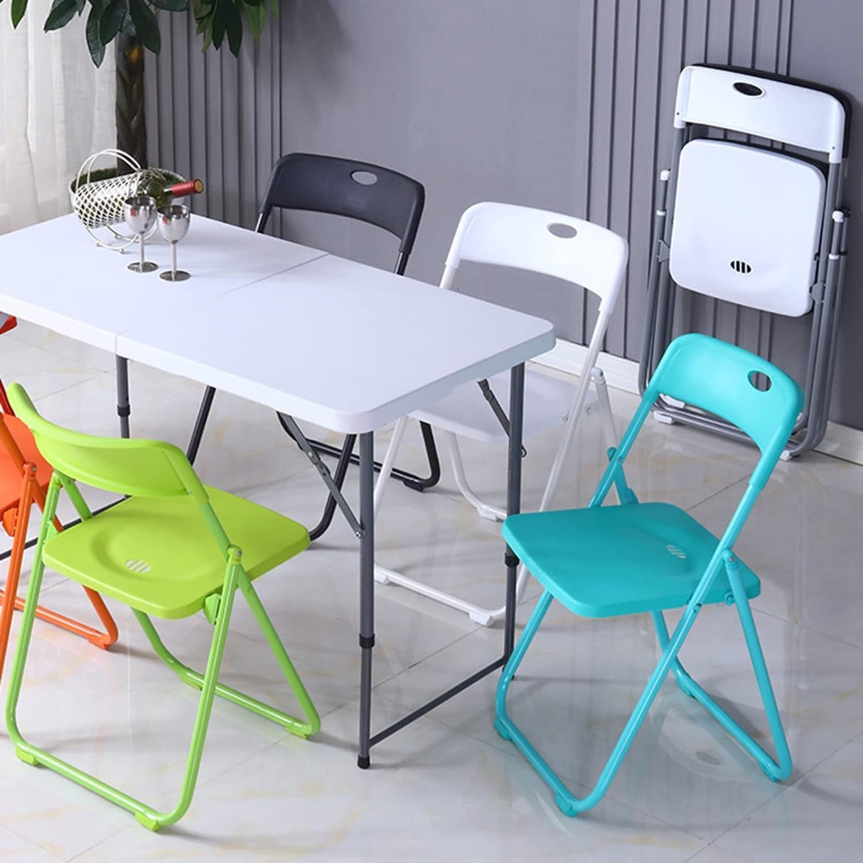 SKOK 330lbs Folding Picnic Table 4/6/8 Foot Adjustable Height, 4/6/8FT Plastic Table Portable w/Handle, Utility Commercial Craft Sewing Card Table w/Heavy Duty Frame for Party Events SKOK