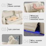 Lexicon Wall Hugger Power Double Reclining Sofa with Center Drop-Down Table, Faux Leather Home Theater Seating with LED Lighting/USB Charging Ports/Wireless Charger/Cup Holders, Magazine Pocket, Beige Lexicon
