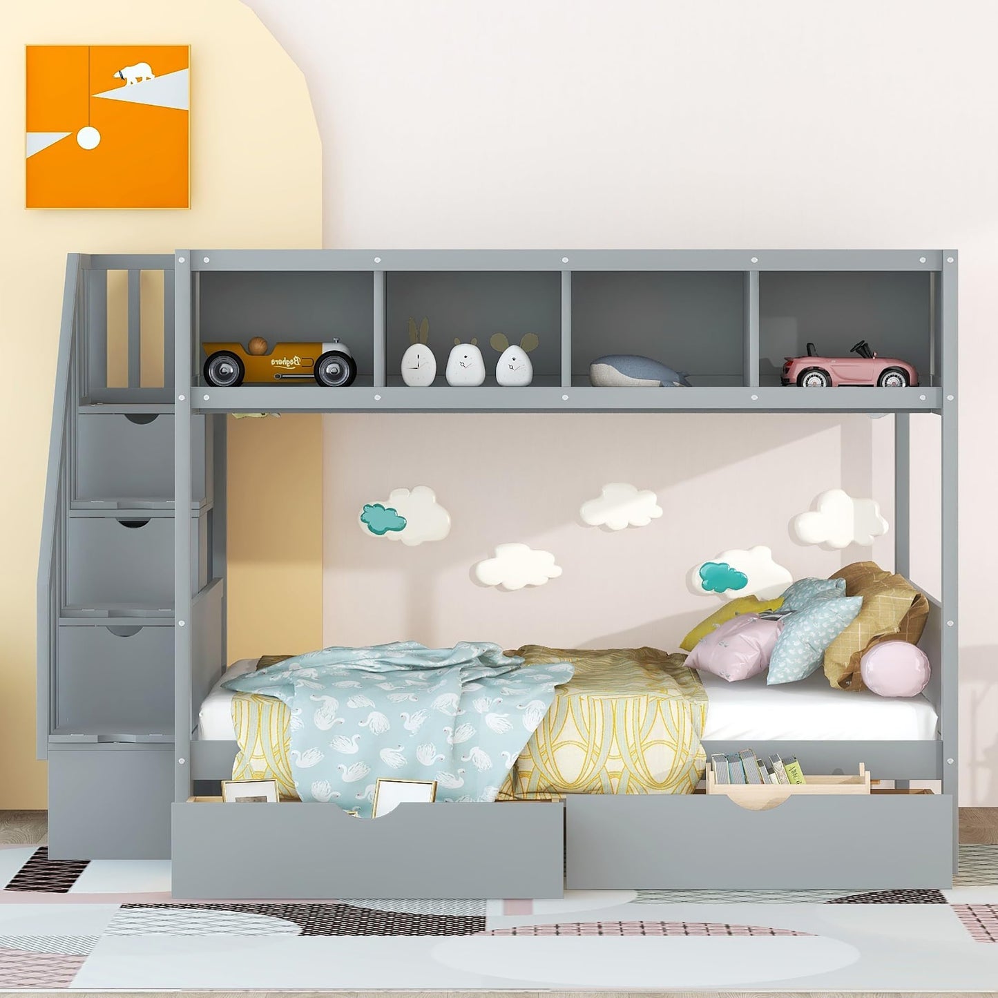 Harper & Bright Designs Grey Twin Over Full Bunk Bed with Stairs and Storage Solutions