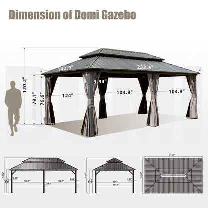 Domi 12’ X 20’ Hardtop Gazebo Canopy with Netting & Curtains, Outdoor Aluminum Gazebo with Galvanized Steel Double Roof for Patio Lawn and Garden, Gray - WoodArtSupply