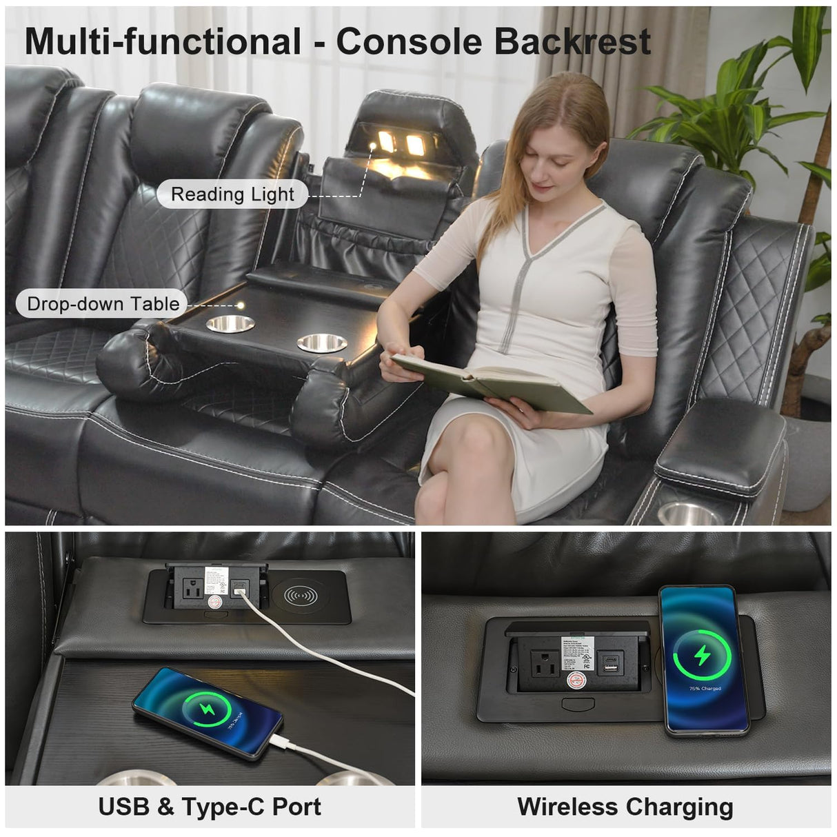 Power Recliner Sectional Sofa with Bass Speaker,Wireless Charger,Electric Reclining Sectional Sofa with 2 Faux Leather Recliner,LED Strip,Reading Light,Type-C USB Port,Cup Holder,Storage Console Gray Comfort Stretch