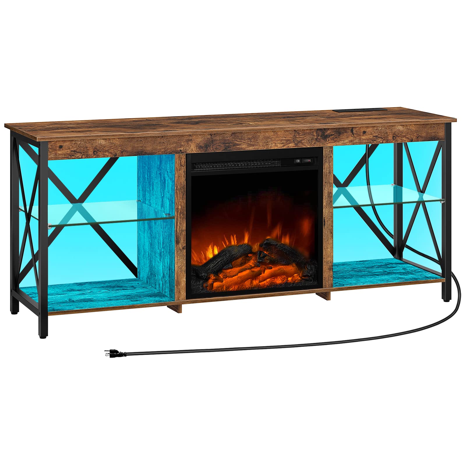 HOOBRO Fireplace TV Stand with Led Lights and Power Outlets, Wooden Media Entertainment Center Console Table with Glass Shelves, Fireplace TV Console for TVs up to 65", Rustic Brown BF140UDDS - WoodArtSupply