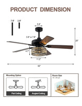 Curve Curio 52 Inch Chandelier Fan Crystal Farmhouse Ceiling Fan with Light Quiet and Reversible DC Motor for Living Room Bedroom Patio Curve Curio