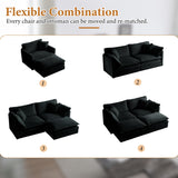 76.7" Deep Seat Sectional Cloud Sofa with 2 Ottomans & Soft Pillows, Loveseat Modular Couch for Living Room, Apartment, Small Space, Black Chenille Tmsan