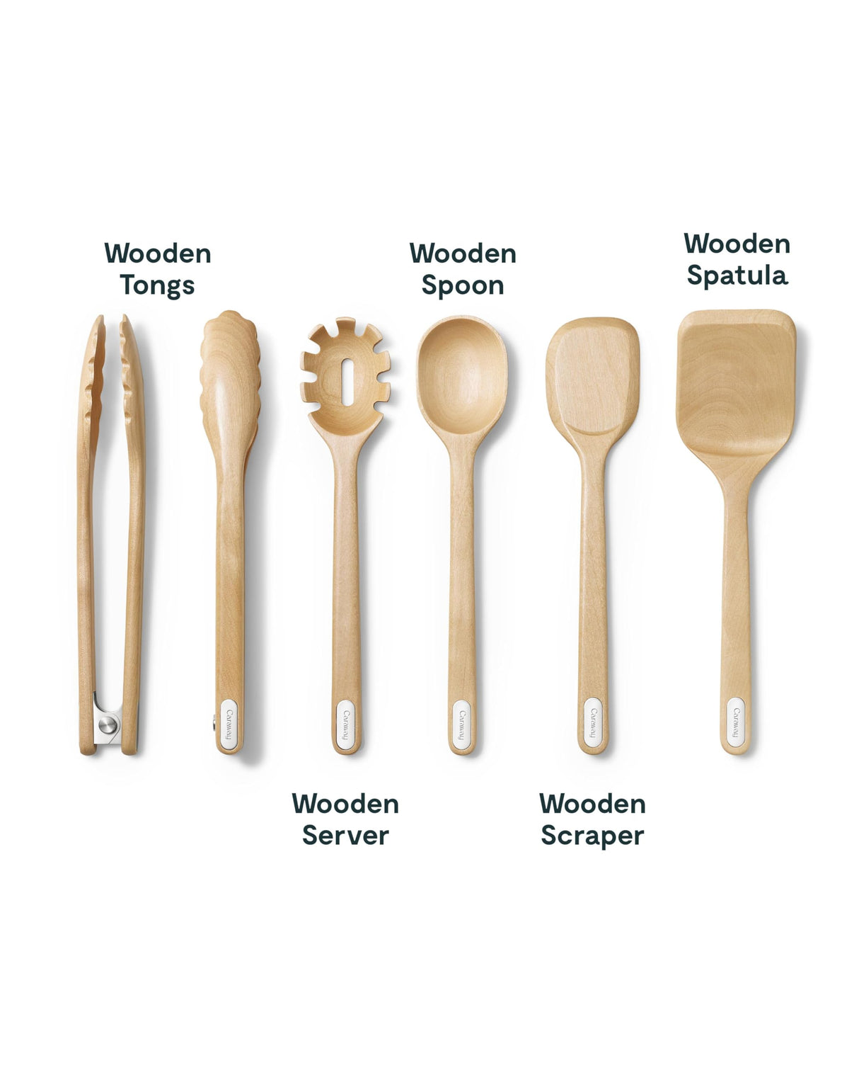 Caraway Wooden Utensil Set - 5 Piece Cooking Utensil Set - Spoon, Server, Scraper, Spatula, & Tongs - Made From FSC-Certified Birch Wood - No Microplastics Caraway