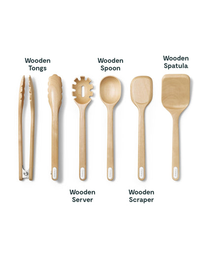 Caraway Wooden Utensil Set - 5 Piece Cooking Utensil Set - Spoon, Server, Scraper, Spatula, & Tongs - Made From FSC-Certified Birch Wood - No Microplastics