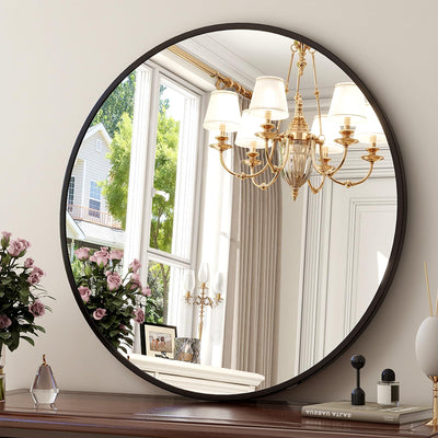 XRAMFY 24 Inch Round Mirror - Circle Mirrors for Bathroom, Entryway and Living Room Wall Decor, Modern Hanging Vanity Mirror, Matte Black Circle Decorative Wall Mirror