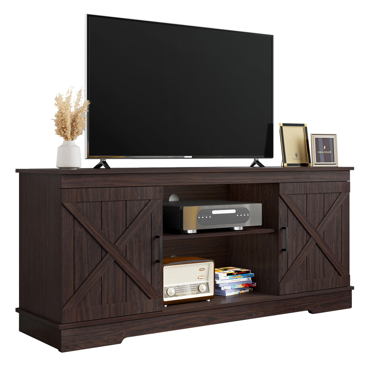YITAHOME TV Stands for TV up to 65 Inch, Farmhouse Entertainment Center with Double Barn Doors & Storage Cabinets, Rustic TV Cabinet Media Console Table for Living Room, 59 Inches, Espresso YITAHOME