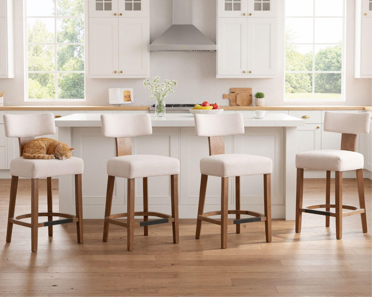 26’’ Farmhouse Bar Stools Set of 4, Linen Upholstered Counter Height Barstools with Back Modern Counter Stools Wood Barstools with Hardwood Frame, Bar Height Chairs for Kitchen Counter Island, Beige LIVINOVA