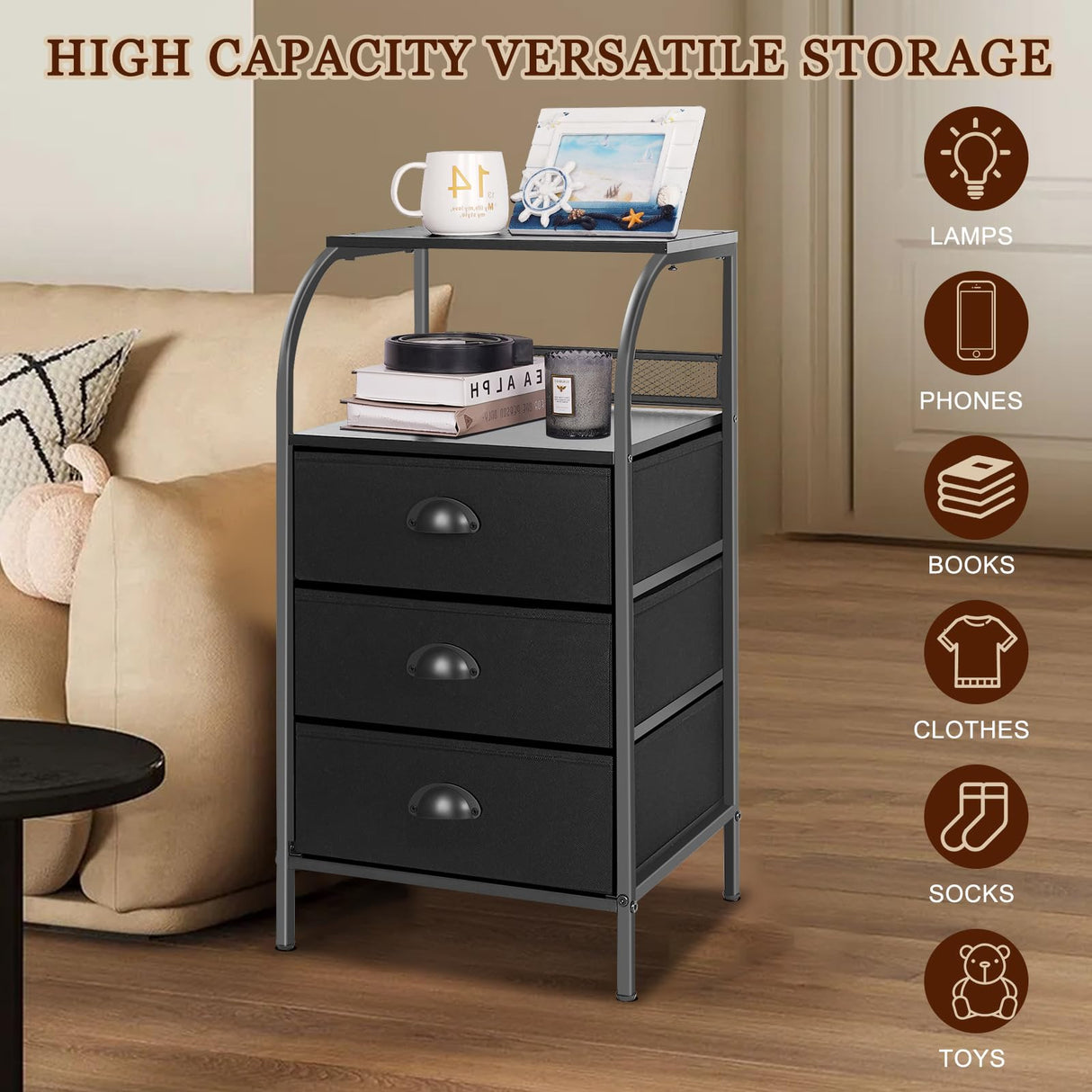 Jixlantuc Nightstand Bedside Table with Fabric Drawers Night Stand for Bedroom,End Table with Storage Shelves Side Tables Hallway, Entryway, Nursery Black Jixlantuc