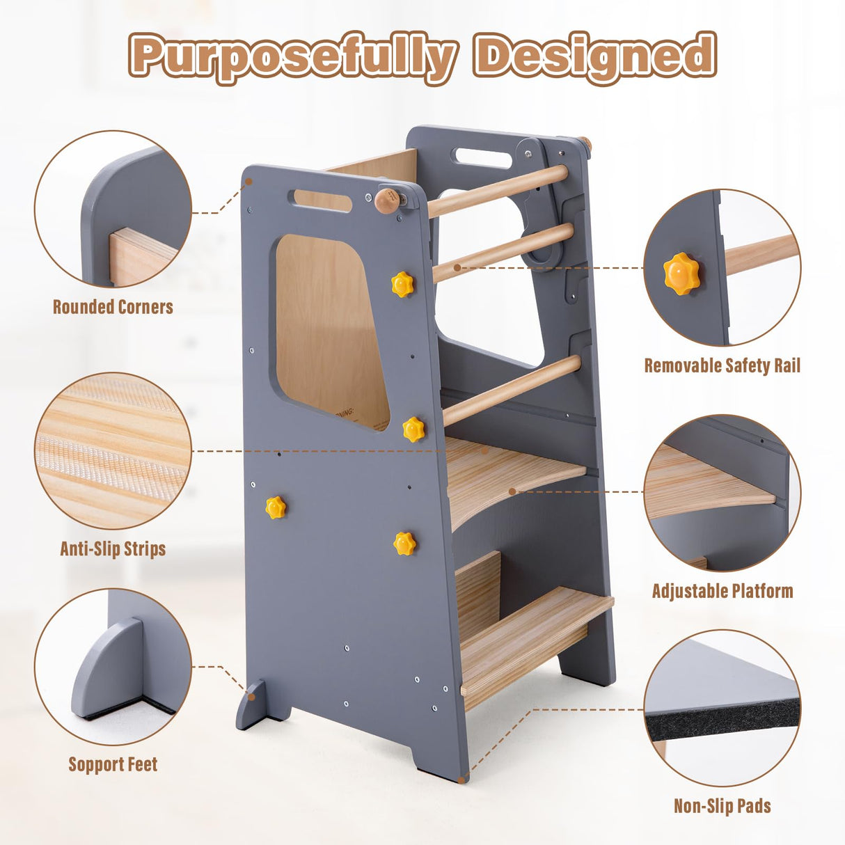 4 in 1 Toddler Kitchen Tower, Kids Kitchen Stool Helper, Standing Tower with Convertible Table and Chair, Toddler Step Stool with Adjustable-Height,Whiteboard and Safety Rail for Kitchen Aokkto