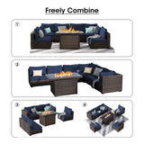 gaildon 7 Piece Patio Furniture Set with 42" Fire Pit Table Outdoor Sectional Conversation Sofa Set with Coffee Table and Comfortable Cushions, Blue gaildon