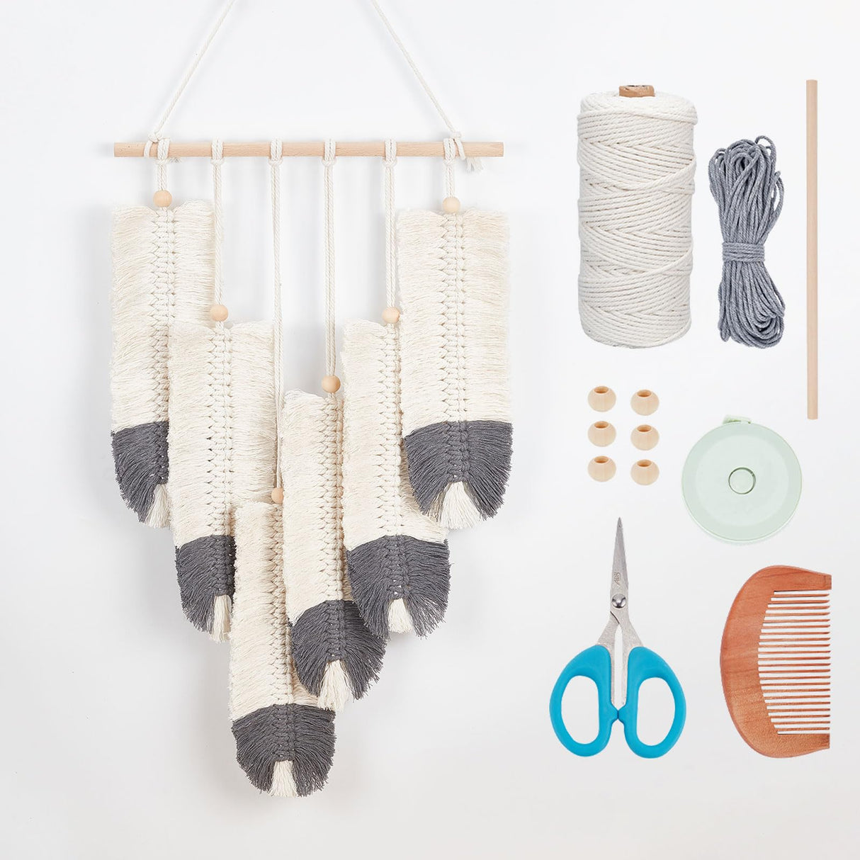 ORIGACH DIY Macrame Feather Wall Hanging Kit Boho White and Dark Gray Feather Tapestry Macrame Kit for Adults Beginner Handmade Rustic Macrame Feathers Leaf Wall Hanger Decor for Living Room Bedroom ORIGACH