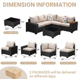 Jing's Villa 6-Piece Patio Furniture Set, All-Weather Outdoor Wicker Sectional Sofa with Cushions, Glass Table & Left and Right Armrest, Rattan Conversation Seating for Porch, Garden, Backyard,Beige Jing's Villa