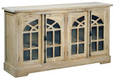 Sunset Trading Cottage Arched Glass Door Credenza Solid Wood Display Cabinet | Fully Assembled Sideboard Buffet Server, 63" Wide, Distressed Sunset Trading