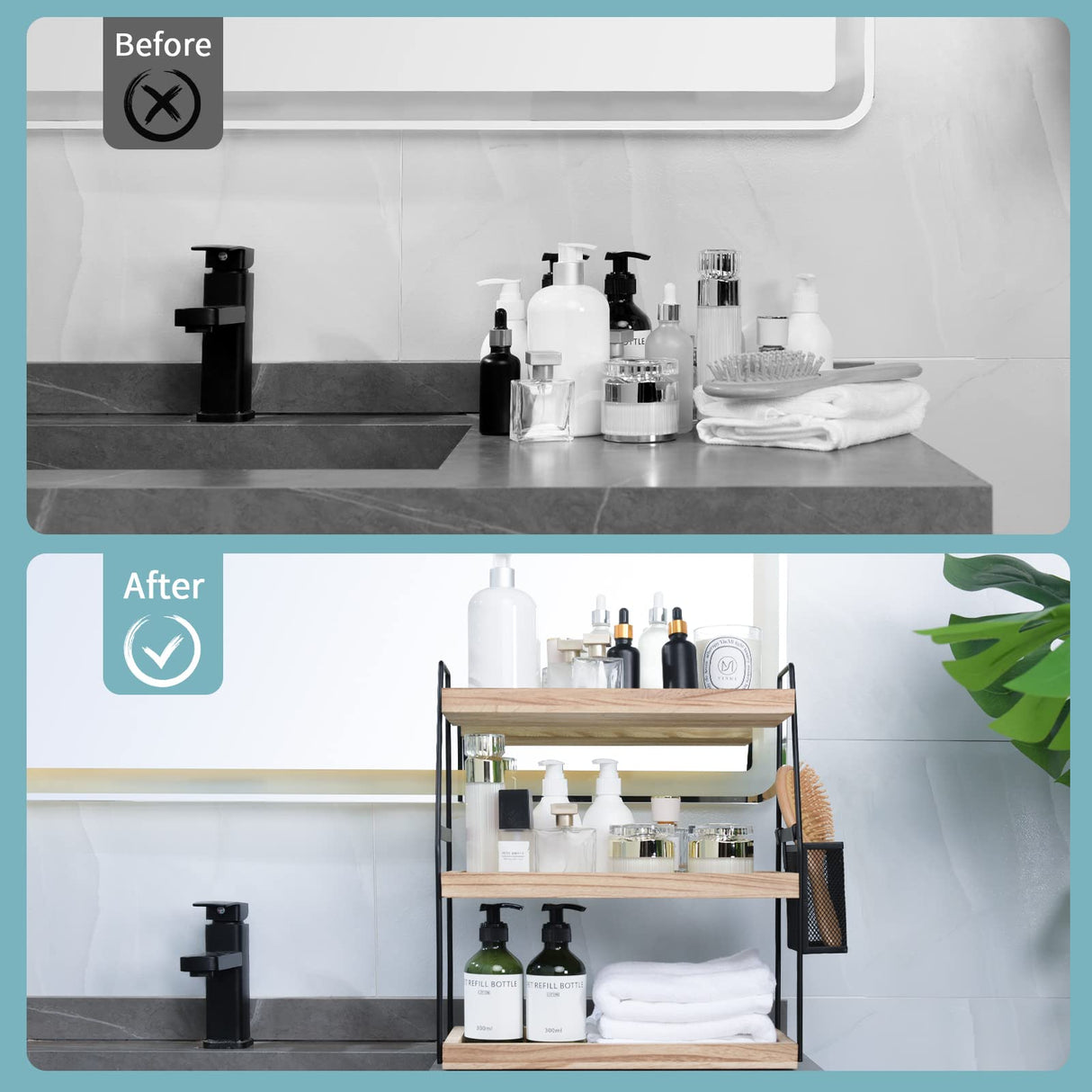 Bathroom Counter Organizer, 3-Tier Standing Storage Shelf with Basket, Wood Tray for Skincare Vanity Organizer Uneviesyka